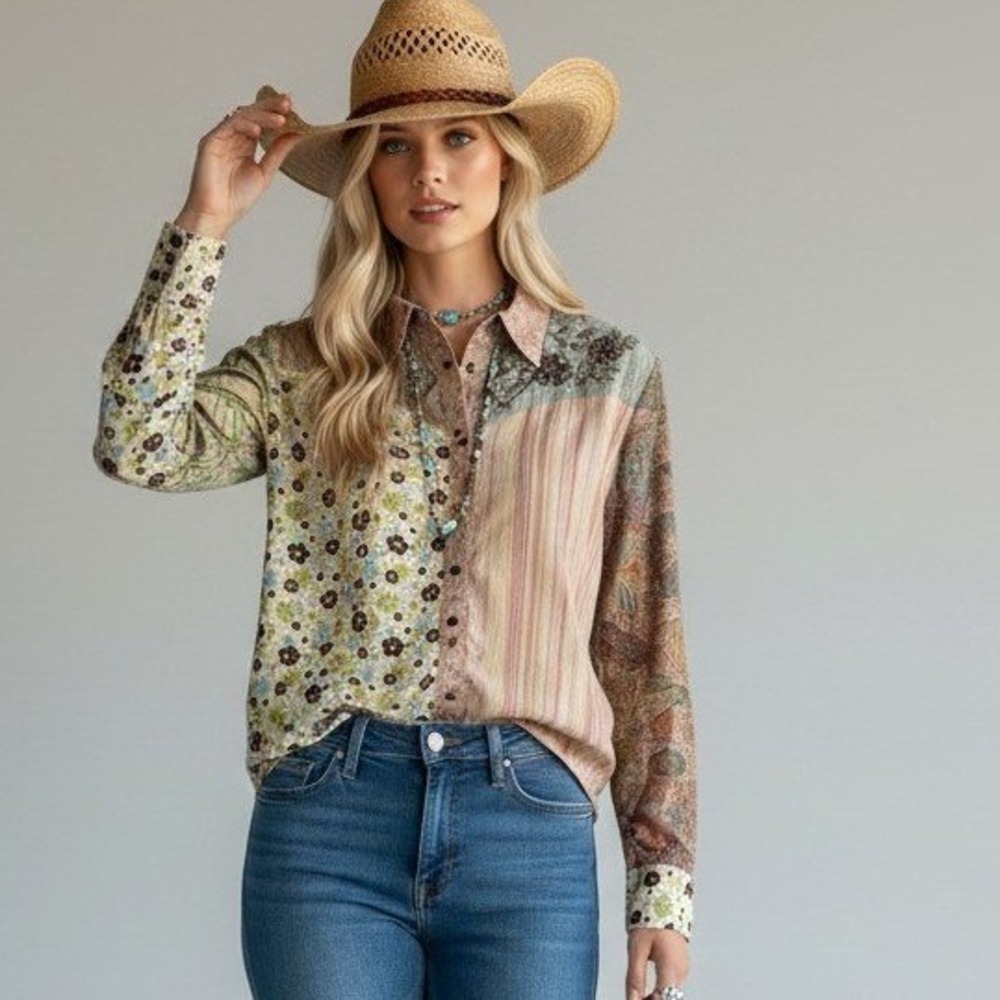 Gordon James Womens L Patchwork Floral Beaded Embroidered Button Down Shirt